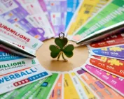 An image of lottery tickets and a lucky charm