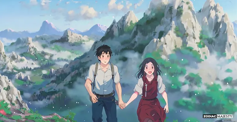 anime-style-scene-of-a-young-a-man-and-a-woman-holding-hands-climbingg-in-a-mountain-smiling 2