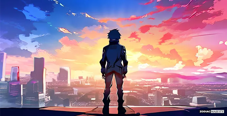 man standing in front of a city landscape